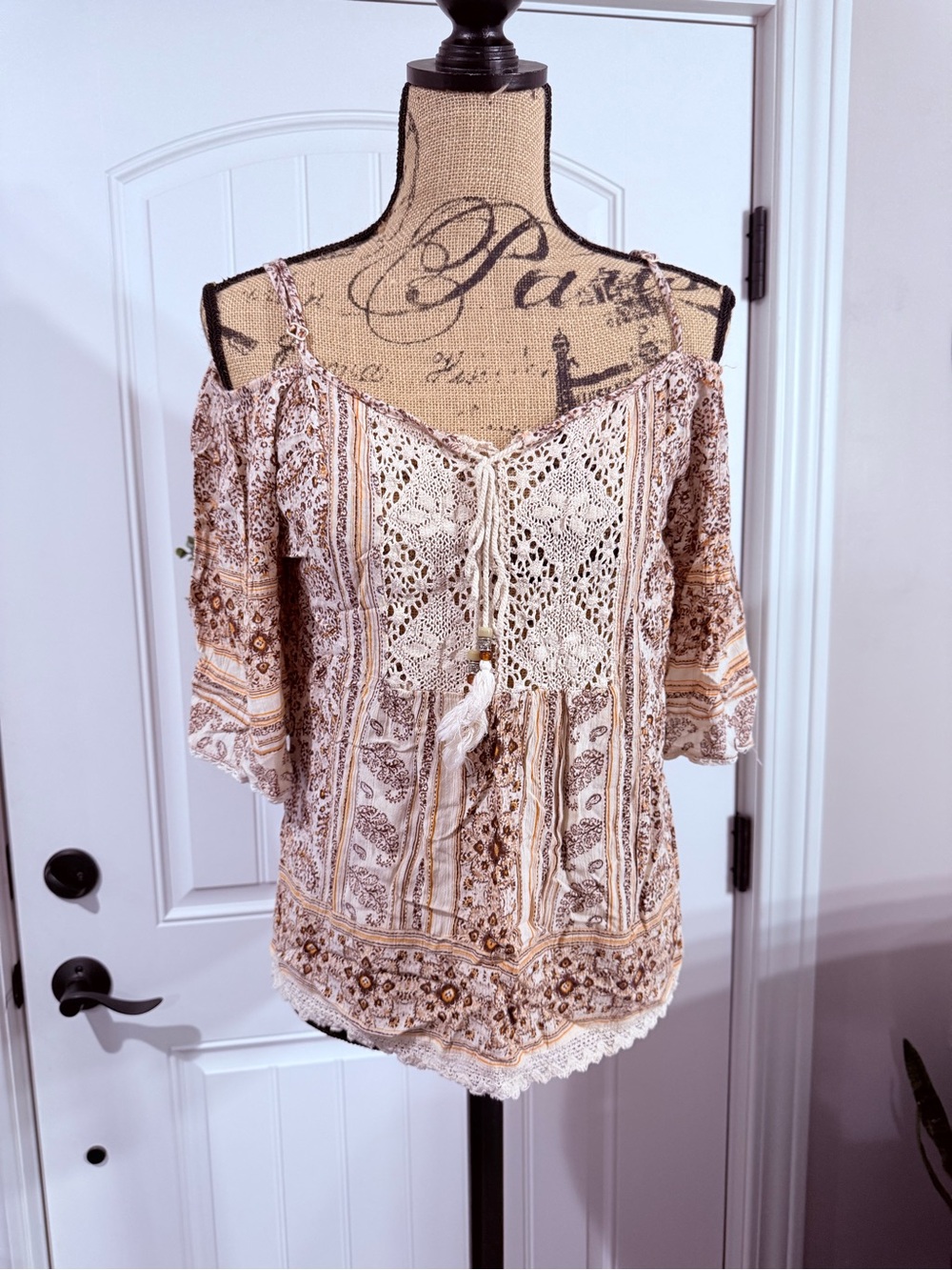 Angie Beige Paisley Crochet Tie-Front Off-Shoulder Top